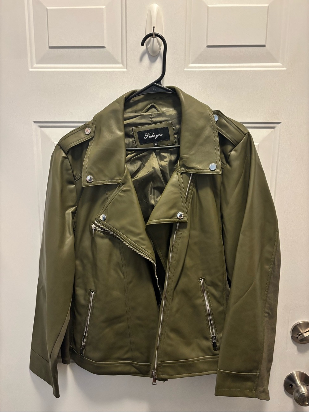 Olive Green Faux Leather Moto Jacket